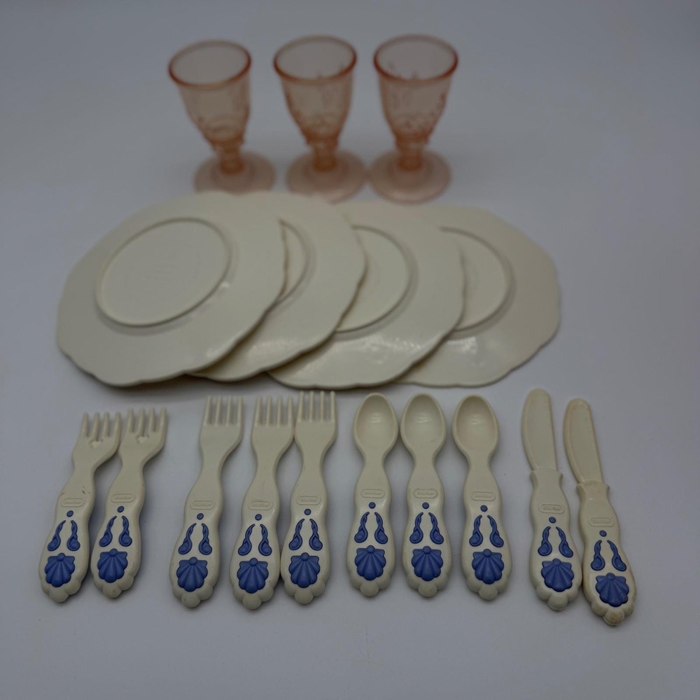 Vintage Little Tikes Toy Dish Set Plates Goblets Utensils Cream Blue Pink 17pc